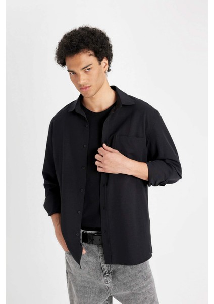 Regular Fit Düğmeli Yaka Basic Düz Pamuk Karışımlı Uzun Kollu Siyah Gömlek D4183AX24AU