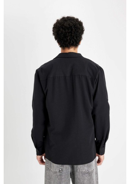 Regular Fit Düğmeli Yaka Basic Düz Pamuk Karışımlı Uzun Kollu Siyah Gömlek D4183AX24AU