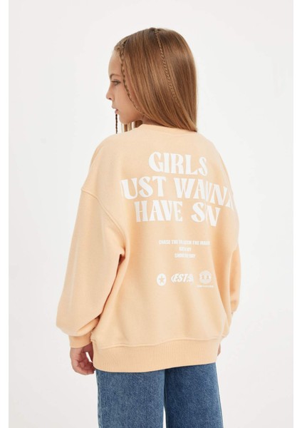 Kız Çocuk Oversize Geniş Kalıp Bisiklet Yaka Sırt Baskılı Sweatshirt D3805A824WN