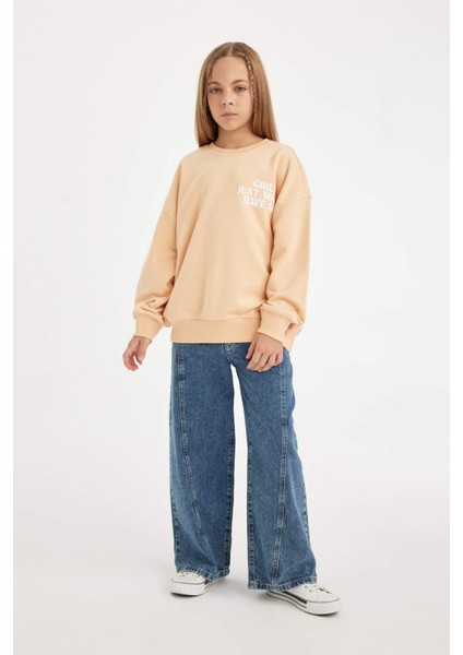Kız Çocuk Oversize Geniş Kalıp Bisiklet Yaka Sırt Baskılı Sweatshirt D3805A824WN