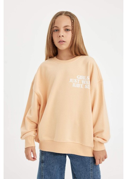Kız Çocuk Oversize Geniş Kalıp Bisiklet Yaka Sırt Baskılı Sweatshirt D3805A824WN