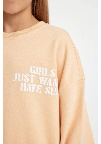 Kız Çocuk Oversize Geniş Kalıp Bisiklet Yaka Sırt Baskılı Sweatshirt D3805A824WN