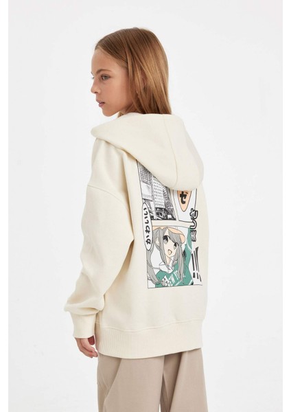 Kız Çocuk Oversize Geniş Kalıp Sırt Baskılı Kapüşonlu Sweatshirt D2881A824WN