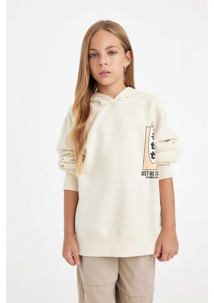 Kız Çocuk Oversize Geniş Kalıp Sırt Baskılı Kapüşonlu Sweatshirt D2881A824WN