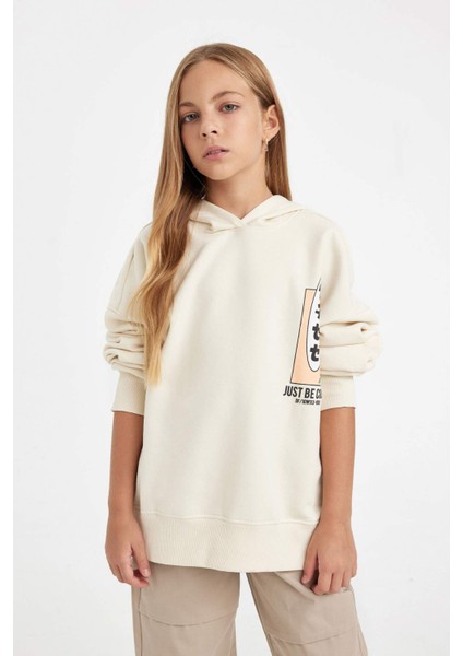 Kız Çocuk Oversize Geniş Kalıp Sırt Baskılı Kapüşonlu Sweatshirt D2881A824WN