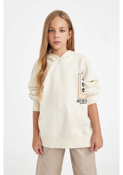 Kız Çocuk Oversize Geniş Kalıp Sırt Baskılı Kapüşonlu Sweatshirt D2881A824WN