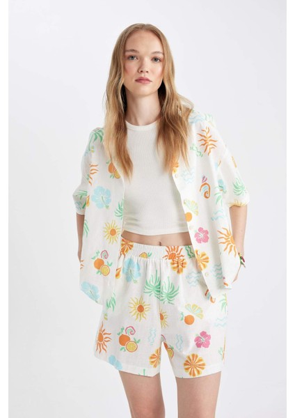 Coool Oversize Geniş Kalıp Desenli Pijama Yaka Kısa Kollu Gömlek D5117AX24HS