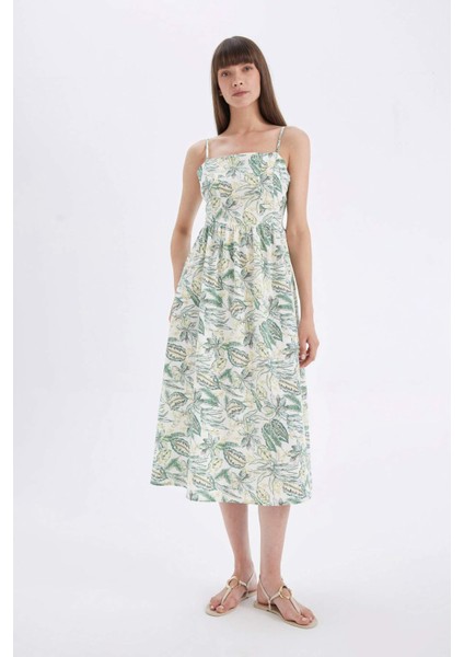 Kare Yaka Desenli Pamuklu Askılı Midi Elbise