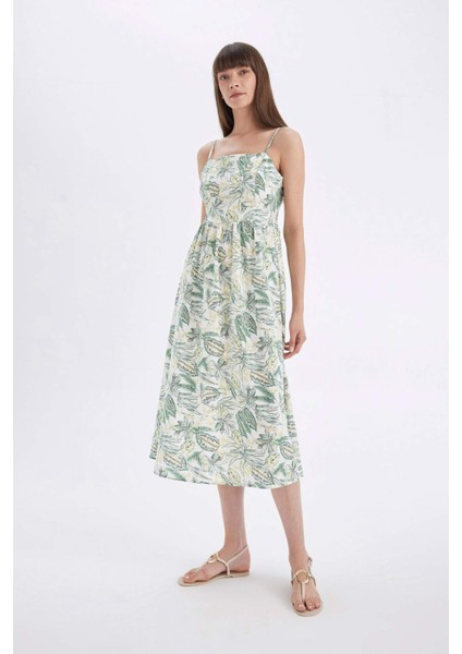 Kare Yaka Desenli Pamuklu Askılı Midi Elbise