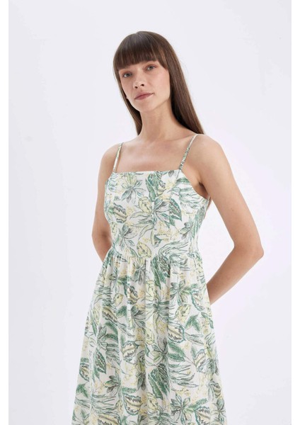 Kare Yaka Desenli Pamuklu Askılı Midi Elbise