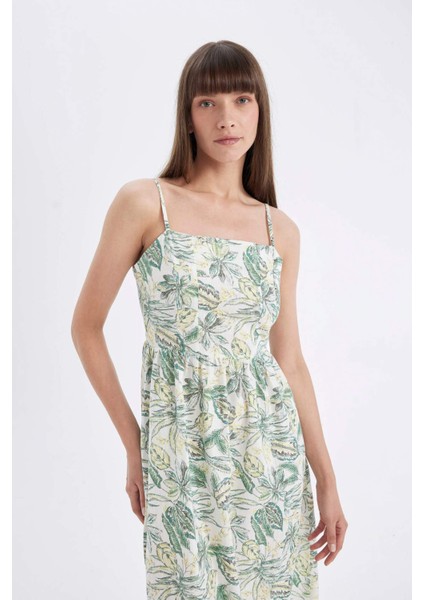 Kare Yaka Desenli Pamuklu Askılı Midi Elbise