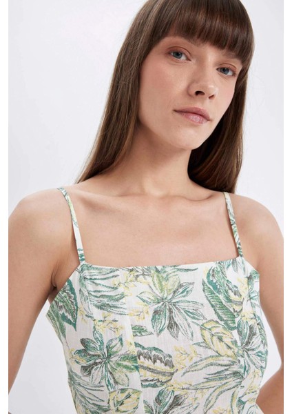 Kare Yaka Desenli Pamuklu Askılı Midi Elbise