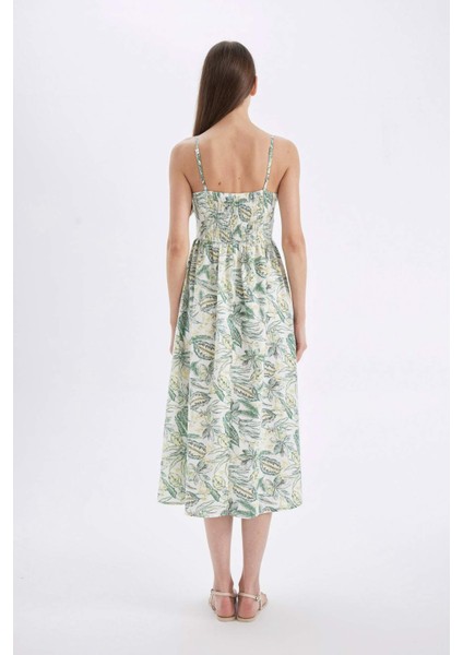 Kare Yaka Desenli Pamuklu Askılı Midi Elbise