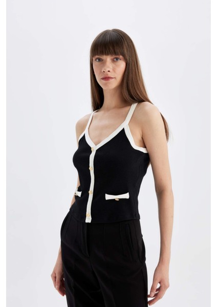 Slim Fit Dar Kesim V Yaka Fitilli Kaşkorse Atlet D5404AX24SM