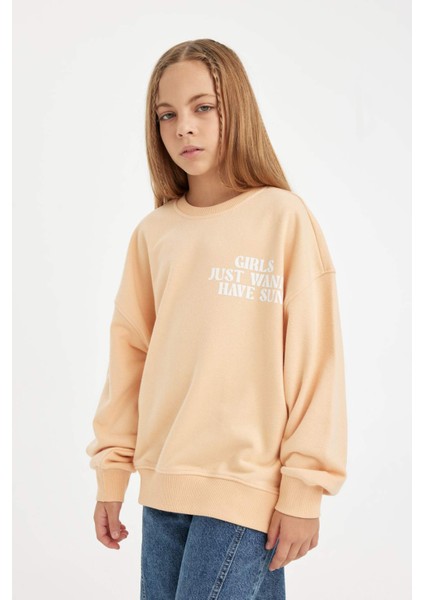 Kız Çocuk Oversize Geniş Kalıp Bisiklet Yaka Sırt Baskılı Sweatshirt D3805A824WN