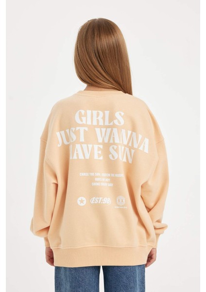 Kız Çocuk Oversize Geniş Kalıp Bisiklet Yaka Sırt Baskılı Sweatshirt D3805A824WN