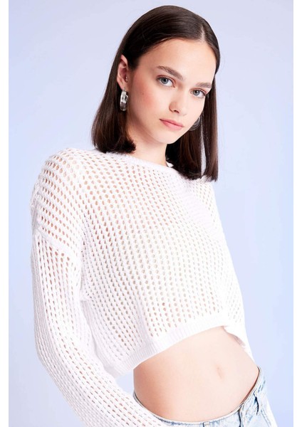 Regular Fit Bisiklet Yaka Kroşe Ajurlu Delikli Crop Triko Kazak T4513AZ24AU