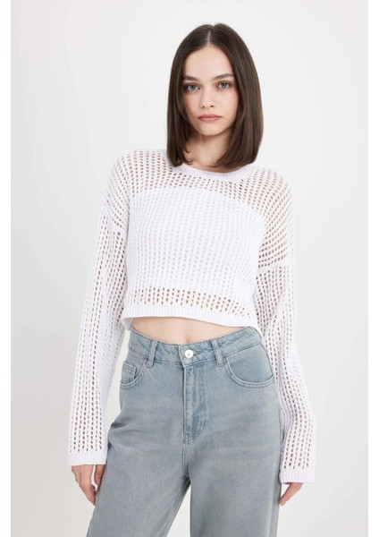 Regular Fit Bisiklet Yaka Kroşe Ajurlu Delikli Crop Triko Kazak T4513AZ24AU