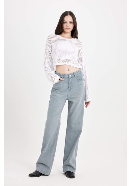 Regular Fit Bisiklet Yaka Kroşe Ajurlu Delikli Crop Triko Kazak T4513AZ24AU