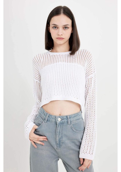 Regular Fit Bisiklet Yaka Kroşe Ajurlu Delikli Crop Triko Kazak T4513AZ24AU