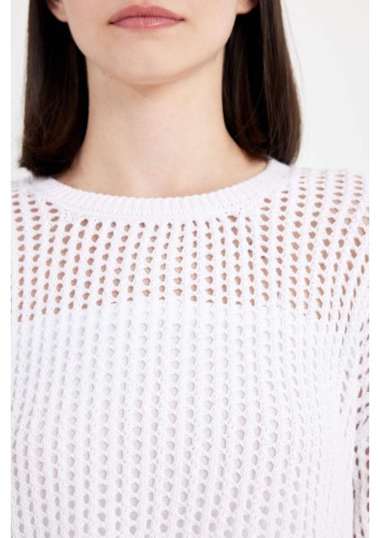 Regular Fit Bisiklet Yaka Kroşe Ajurlu Delikli Crop Triko Kazak T4513AZ24AU