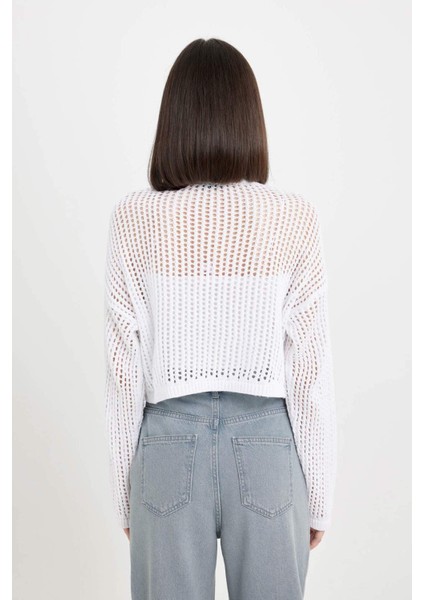 Regular Fit Bisiklet Yaka Kroşe Ajurlu Delikli Crop Triko Kazak T4513AZ24AU