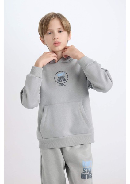 Erkek Çocuk Gri Kapüşonlu Sırt Baskılı Sweatshirt D3049A824WN