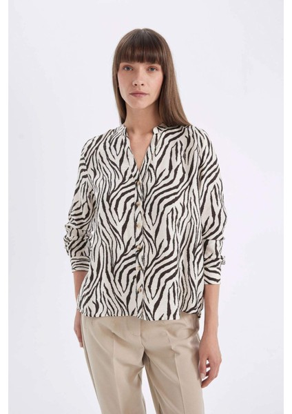 Regular Fit Apaş Yaka Desenli Katlamalı Kol Detaylı Düğmeli Uzun Kollu Gömlek D4901AX24AU