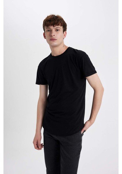 Long Muscle Fit Bisiklet Yaka Basic Düz Kısa Kollu Siyah Tişört N2104AZ25SP