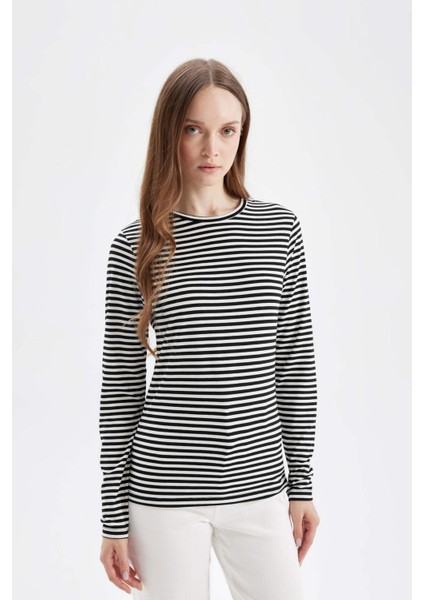 Bisiklet Yaka Çizgili Uzun Kollu Tişört D5492AX24AU