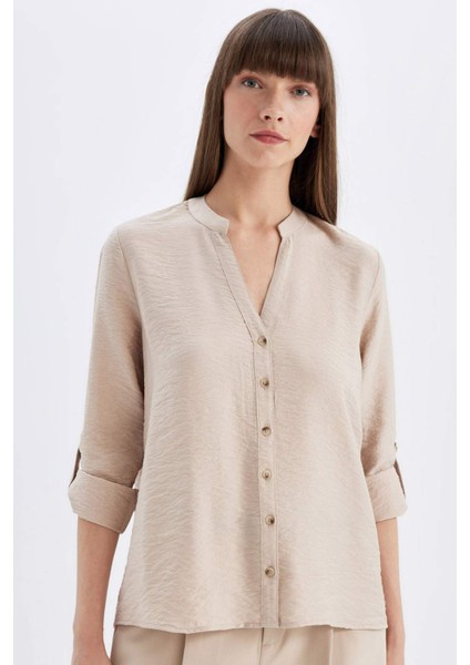 Apaş Yaka Basic Düz Katlamalı Kol Detaylı Düğmeli Uzun Kollu Gömlek D4900AX24AU