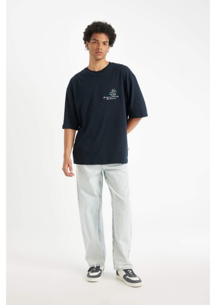 %100 Pamuk Loose Fit Bisiklet Yaka Sırt Baskılı Kısa Kollu Tişört B4320AX24AU