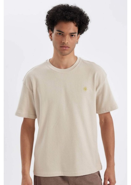 %100 Pamuk Oversize Geniş Kalıp Bisiklet Yaka Baskılı Kısa Kollu Tişört C0151AX24AU