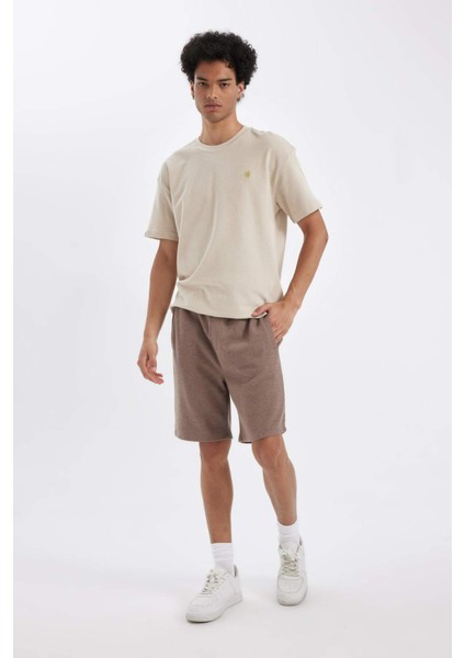 %100 Pamuk Oversize Geniş Kalıp Bisiklet Yaka Baskılı Kısa Kollu Tişört C0151AX24AU