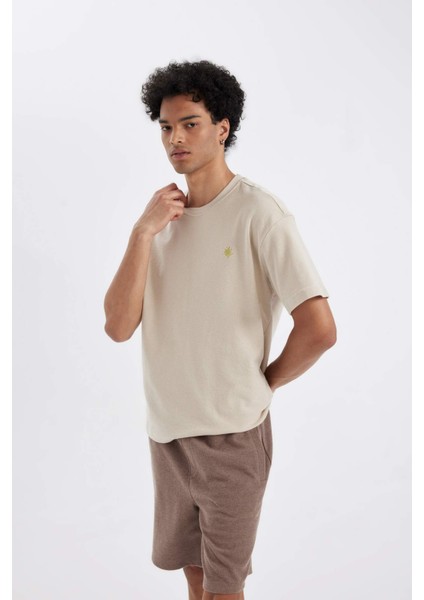 %100 Pamuk Oversize Geniş Kalıp Bisiklet Yaka Baskılı Kısa Kollu Tişört C0151AX24AU