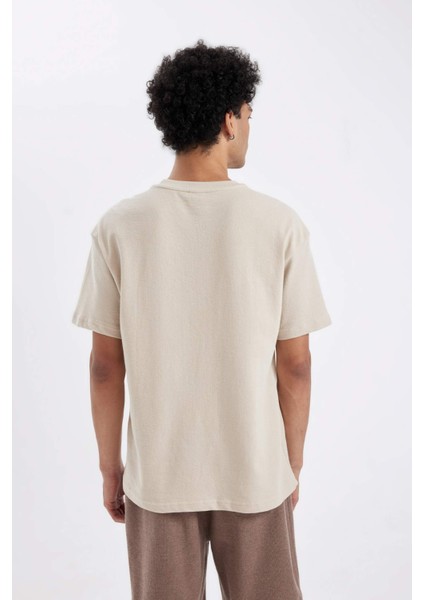 %100 Pamuk Oversize Geniş Kalıp Bisiklet Yaka Baskılı Kısa Kollu Tişört C0151AX24AU