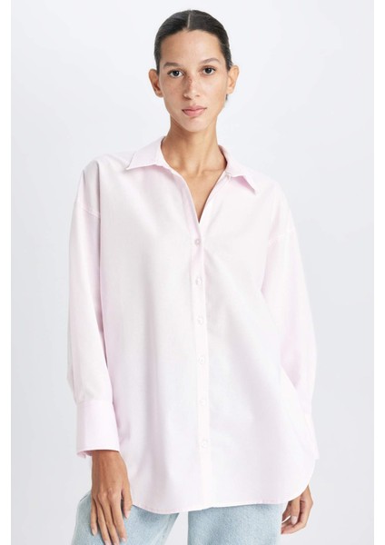 Oversize Geniş Kalıp Basic Düz Oxford Uzun Kollu Gömlek C4597AX24AU
