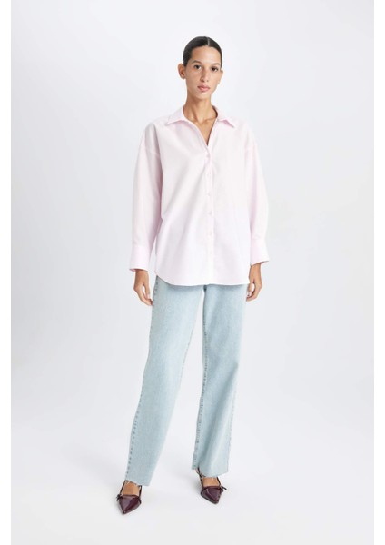 Oversize Geniş Kalıp Basic Düz Oxford Uzun Kollu Gömlek C4597AX24AU