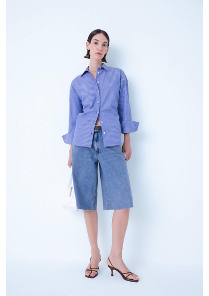 Oversize Geniş Kalıp Çizgili Poplin Uzun Kollu Gömlek D4899AX24AU