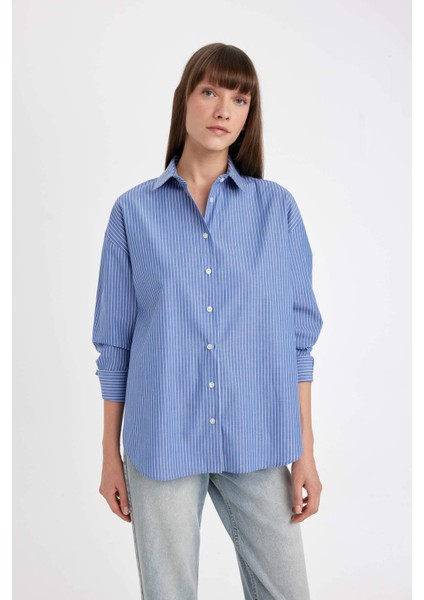 Oversize Geniş Kalıp Çizgili Poplin Uzun Kollu Gömlek D4899AX24AU