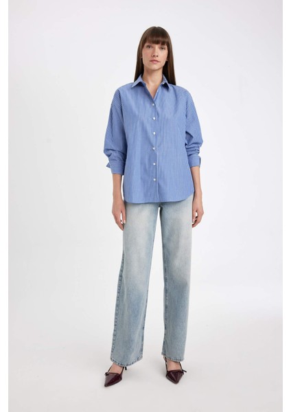 Oversize Geniş Kalıp Çizgili Poplin Uzun Kollu Gömlek D4899AX24AU