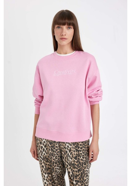 Relax Fit Bisiklet Yaka Baskılı Kalın Sweatshirt D3135AX24WN
