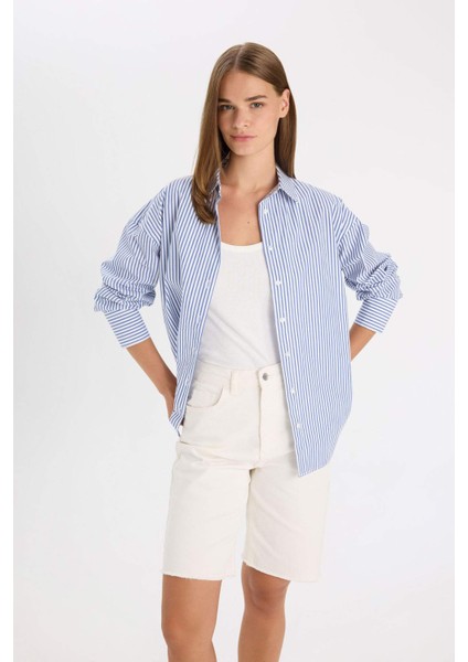 Oversize Geniş Kalıp Çizgili Poplin Uzun Kollu Gömlek D4899AX24AU