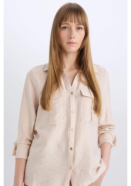 Oversize Geniş Kalıp Basic Düz Çift Cepli Uzun Kollu Viskon Gömlek D4739AX24AU