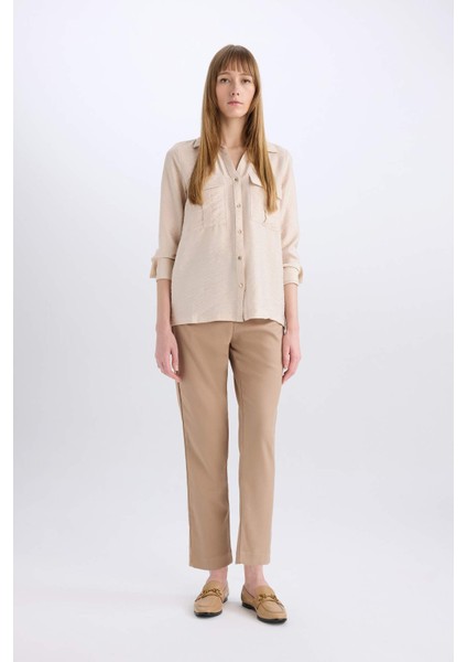 Oversize Geniş Kalıp Basic Düz Çift Cepli Uzun Kollu Viskon Gömlek D4739AX24AU