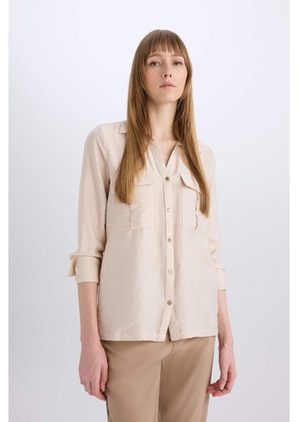 Oversize Geniş Kalıp Basic Düz Çift Cepli Uzun Kollu Viskon Gömlek D4739AX24AU