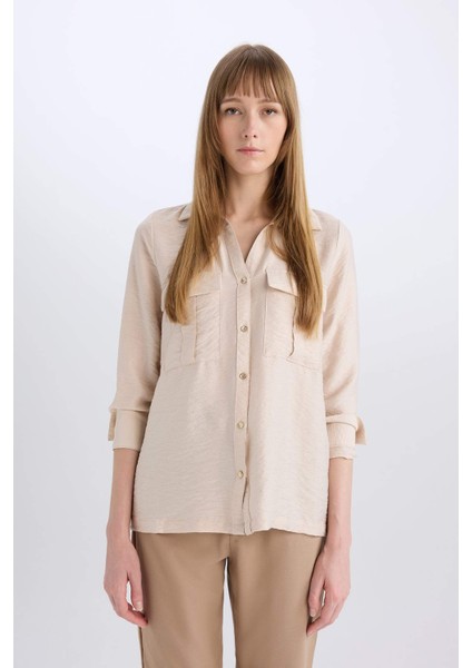 Oversize Geniş Kalıp Basic Düz Çift Cepli Uzun Kollu Viskon Gömlek D4739AX24AU