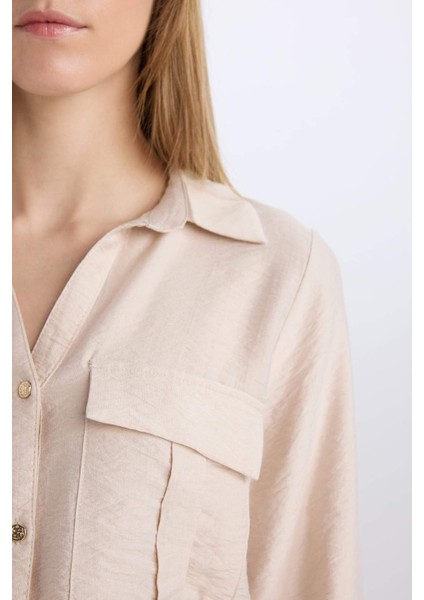 Oversize Geniş Kalıp Basic Düz Çift Cepli Uzun Kollu Viskon Gömlek D4739AX24AU