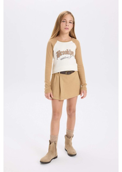 Kız Çocuk Crop Bisiklet Yaka Baskılı Fitilli Kaşkorse Uzun Kollu Tişört D3864A824AU