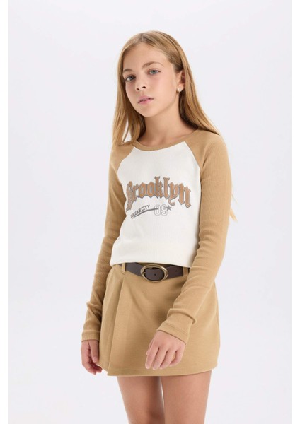 Kız Çocuk Crop Bisiklet Yaka Baskılı Fitilli Kaşkorse Uzun Kollu Tişört D3864A824AU